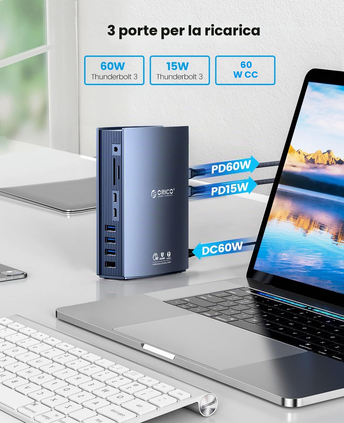 ORICO Docking Station Thunderbolt 3, 15 in 1 60W 40Gbps per Laptop USB-C, Doppio Display 4K a 60 Hz, Displayport DP1.4, USB-A Gen 1, Type-C Gen 2, Gigabit Ethernet per MacBook Mac e Windows