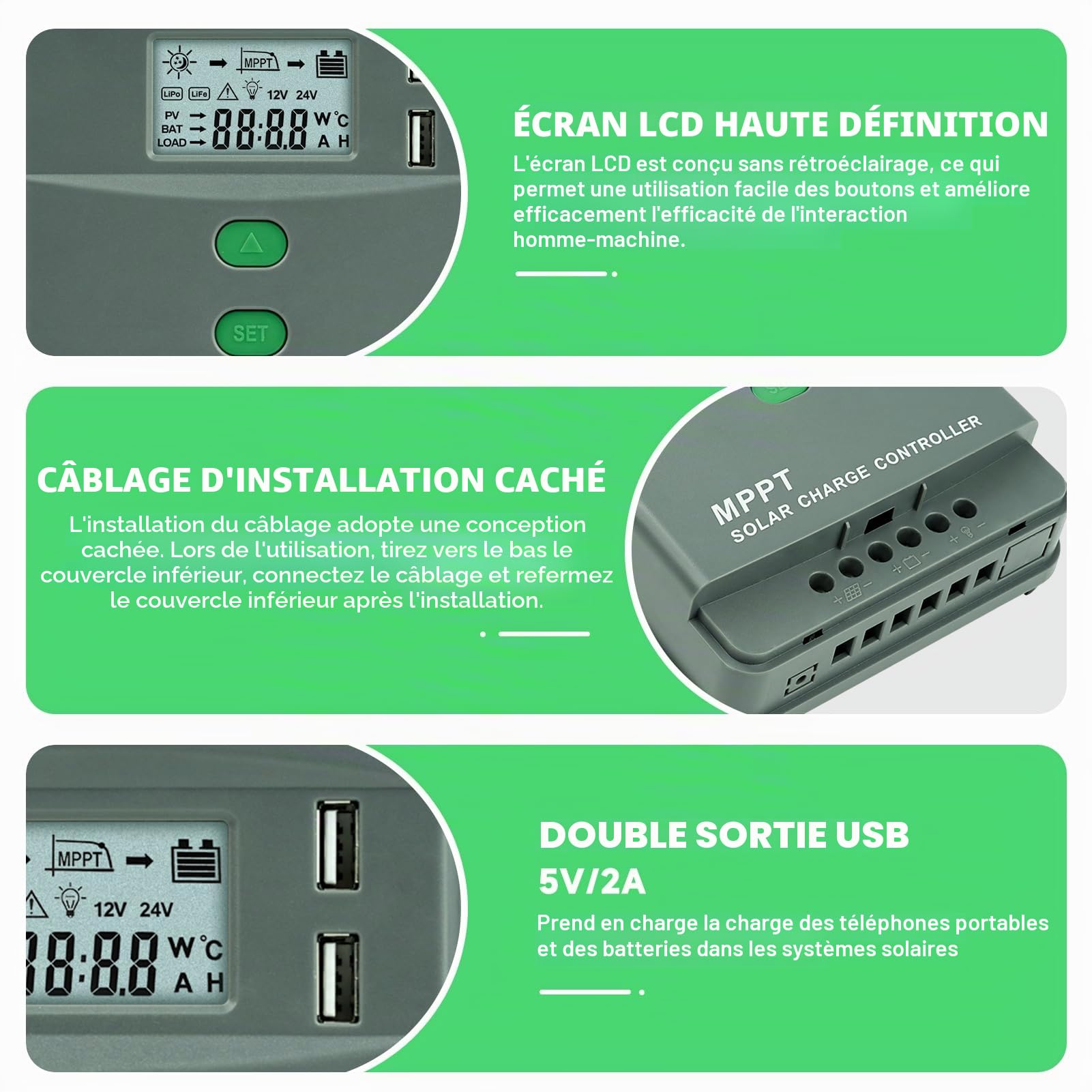 Regulateur de charge solaire mppt 20A Bluetooth controleur de charge solaire Dual USB Identification automatique 12V/24V regulateur panneau solaire Tension max 60V Écran LCD MRL20