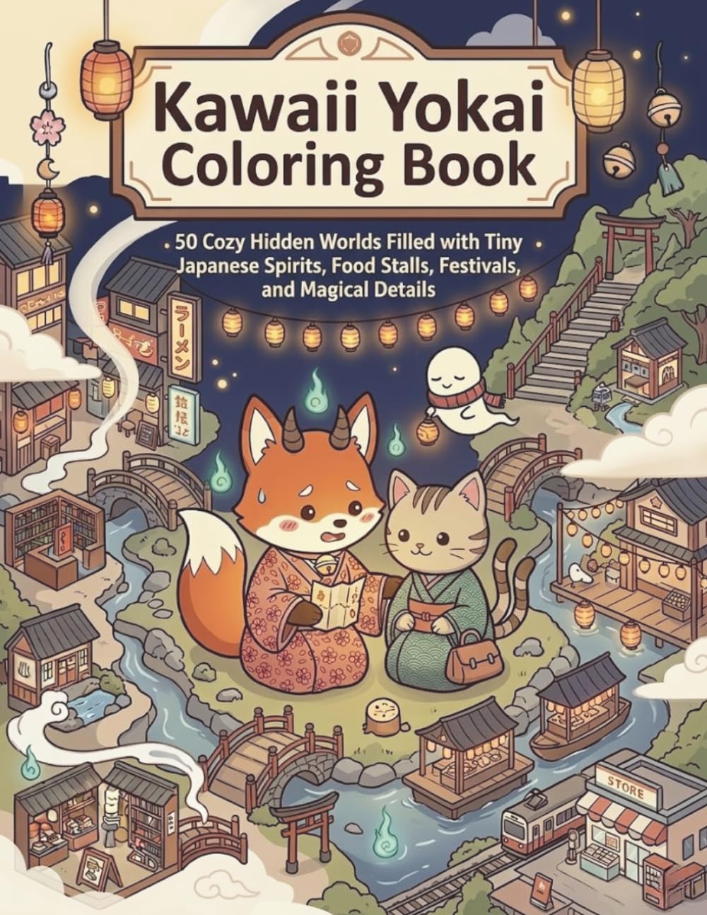 Kawaii Yokai Coloring Book: 50 Cozy Hidden Worlds Filled with Tiny Japanese Spirits, Food Stalls, Festivals, and Magical Details