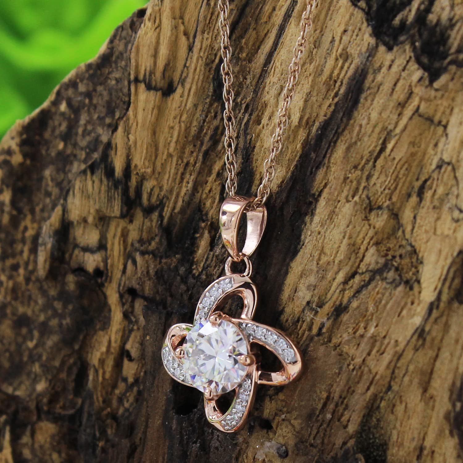 SAVEARTH DIAMONDS 1 Carat 6.5MM Round Cut Lab Created Moissanite Diamond Flower Knot Pendant Necklace In 14K Gold Over Sterling Silver For Women With 18" Chain (VVS1 Clarity, 1 Cttw)