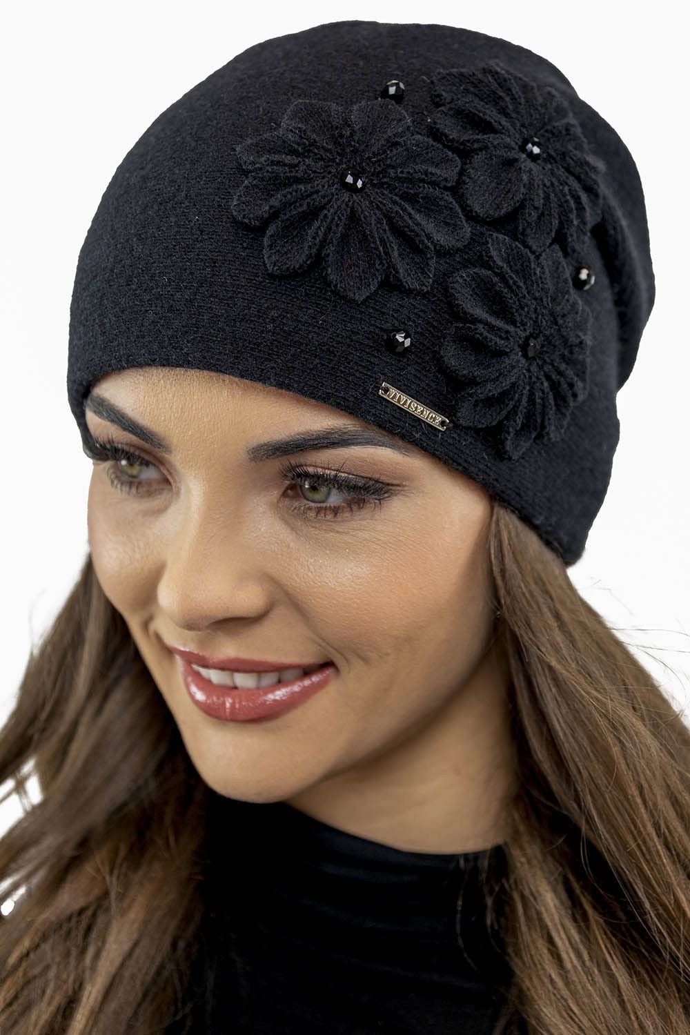 VIVISENCE Bonnet Femme Automne Hiver en Laine Élégant Et À La Mode Protection Contre Le Froid Applications Florales Ajustement Parfait Idéal Et comme Idée Cadeau 7053