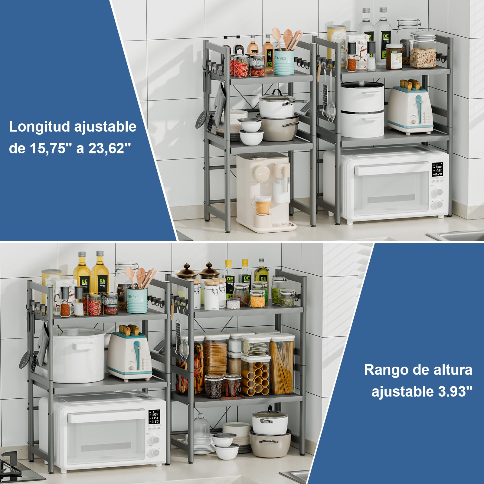 Soporte para Microondas y Horno Cocina 3 Niveles, Estanteria para Microondas Encimera con 8 Ganchos, Mueble Extensible Microondas Cocina
