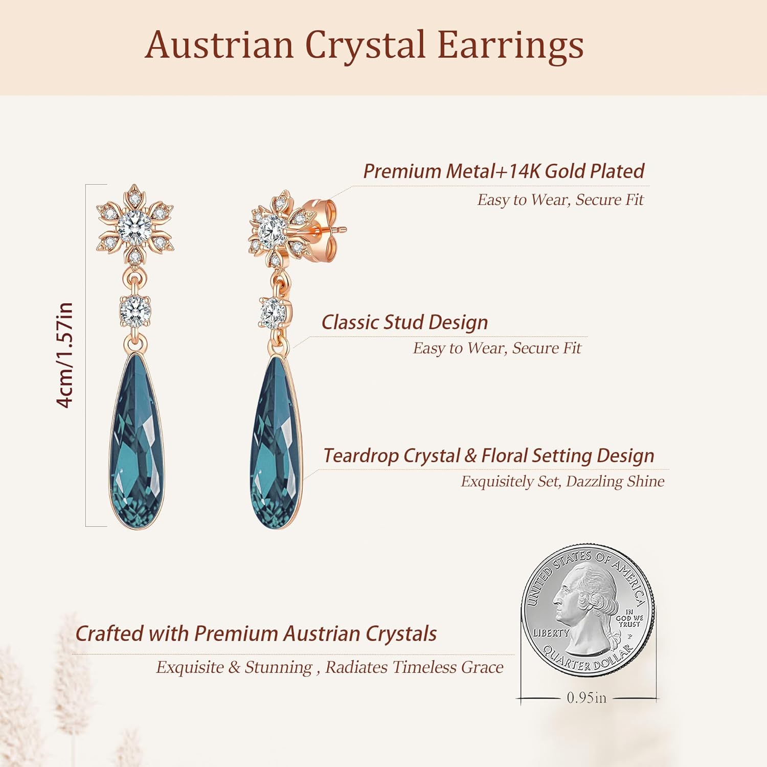 Austrian Crystal Teardrop Earrings Flower Dangle Earrings for Women 14K Gold Plated Drop Stud Earrings Hypoallergenic Jewelry - Image 6