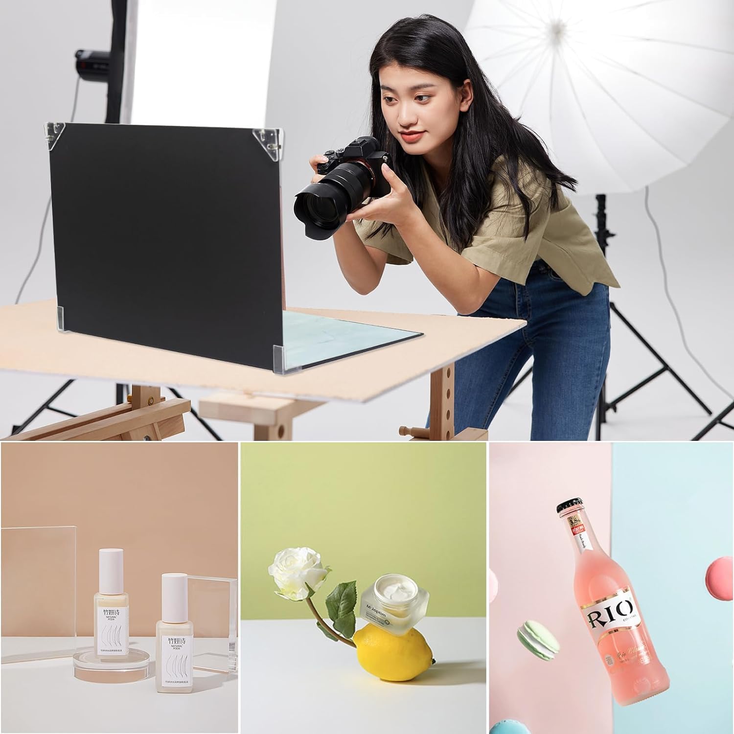 Lot de 10 Toiles de Fond pour Photographie - 30 x 40 cm - Papier de Fond Double Face - 20 Motifs - Carton Réfléchissant pour Aliments, Bijoux - avec Sac de Rangement