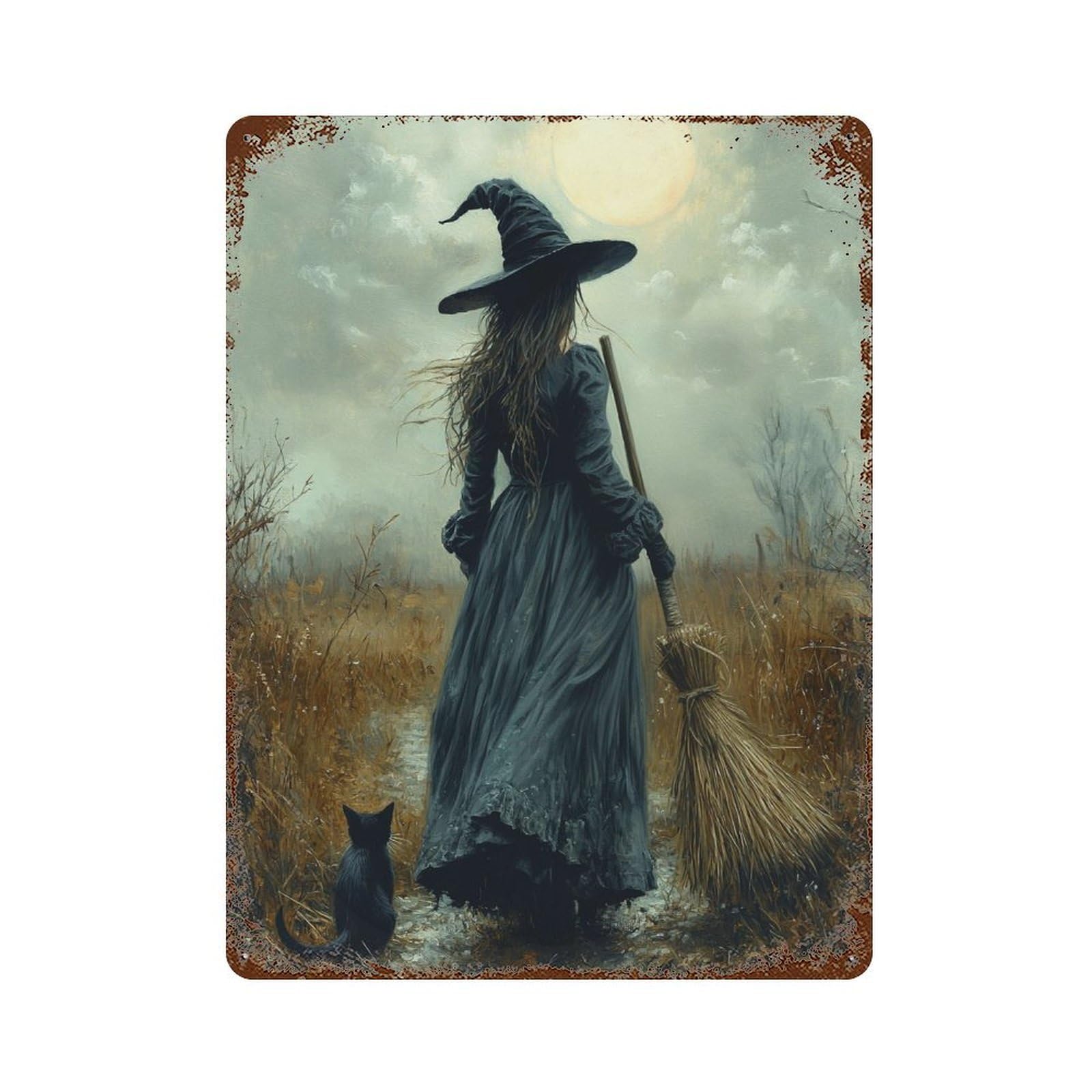 Garage Style Witch with Black Cat in Moonlit Field Rusty Metal Tin Sign 15.7"x11.8", Decorative Metal Wall Art for Bar And Workshop