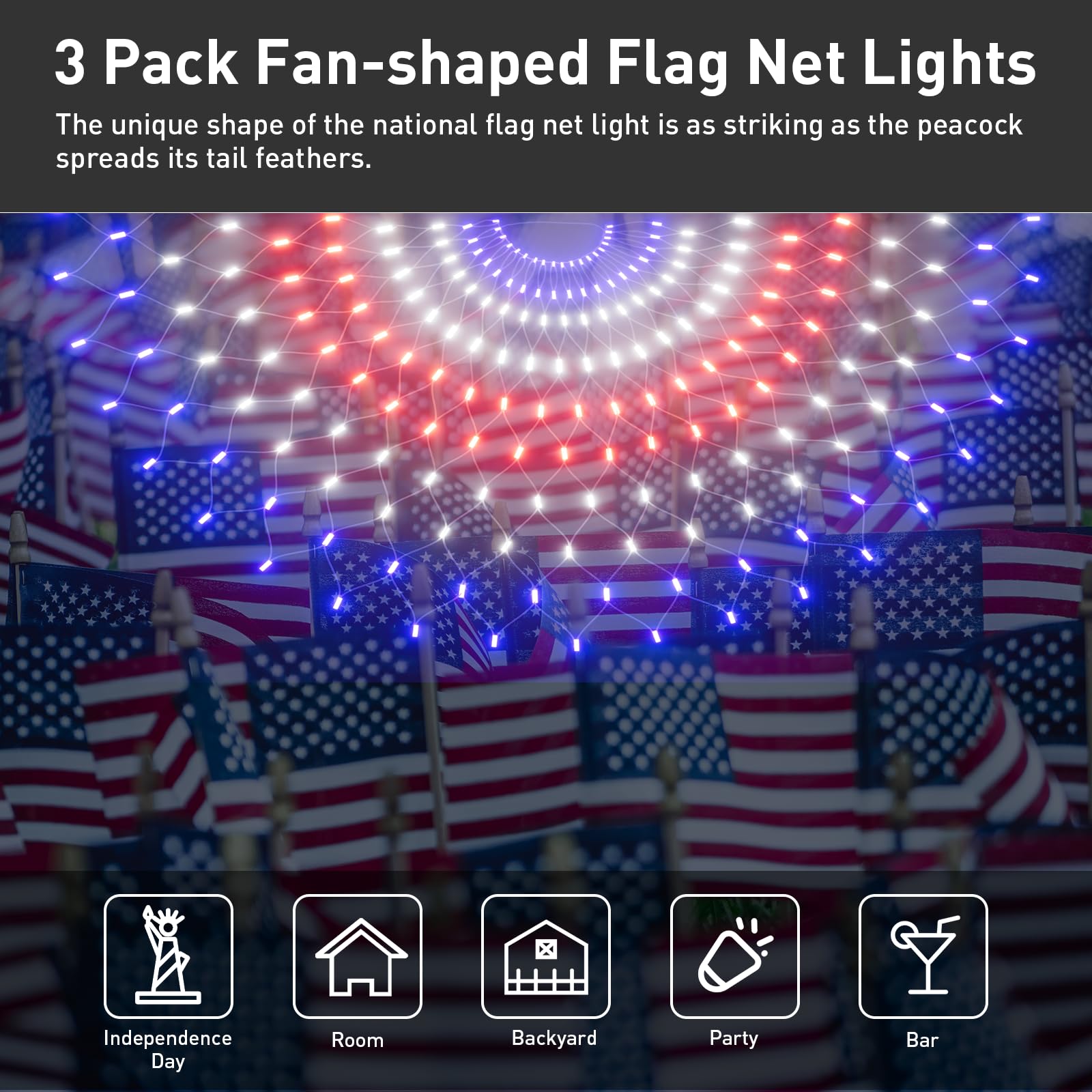 Leisure world 3 Pack 150 LED American Flag Banner Lights,Super Bright USA Half Fan Flag String Lights, Waterproof Patriotic Decoration for Independence Day (July 4th) Memorial Day, Christmas&Party