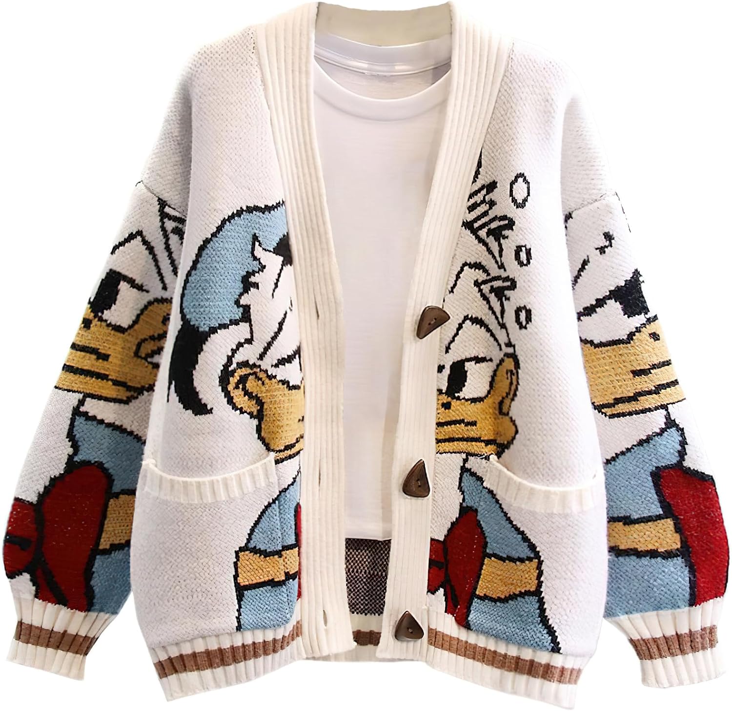 Womens Cute Embroidery Cartoon Duck Cable Knit Cardigans Sweater 