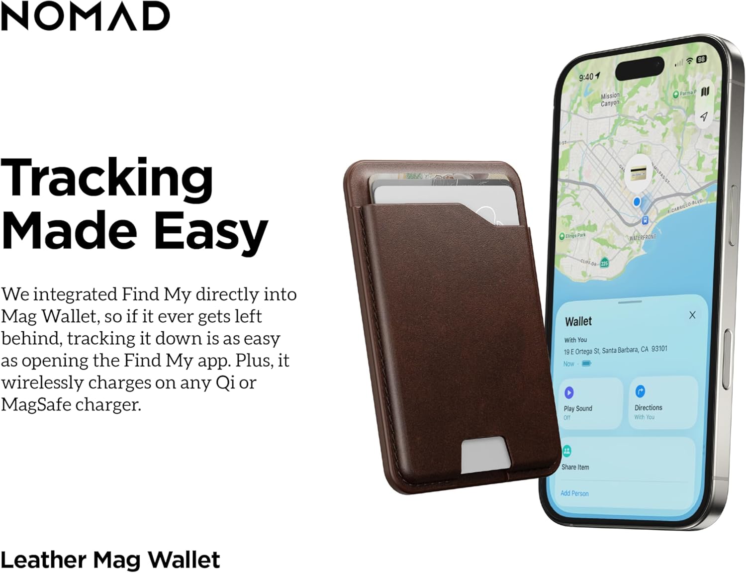 NOMAD Leather Brown Magsafe Wallet w/integrated tracking for iPhone, Slim Magsafe Card Holder for iPhone, Wallet GPS Tracker Card 5 Months Battery Life, Rechargeable, Compatible with iOS Only