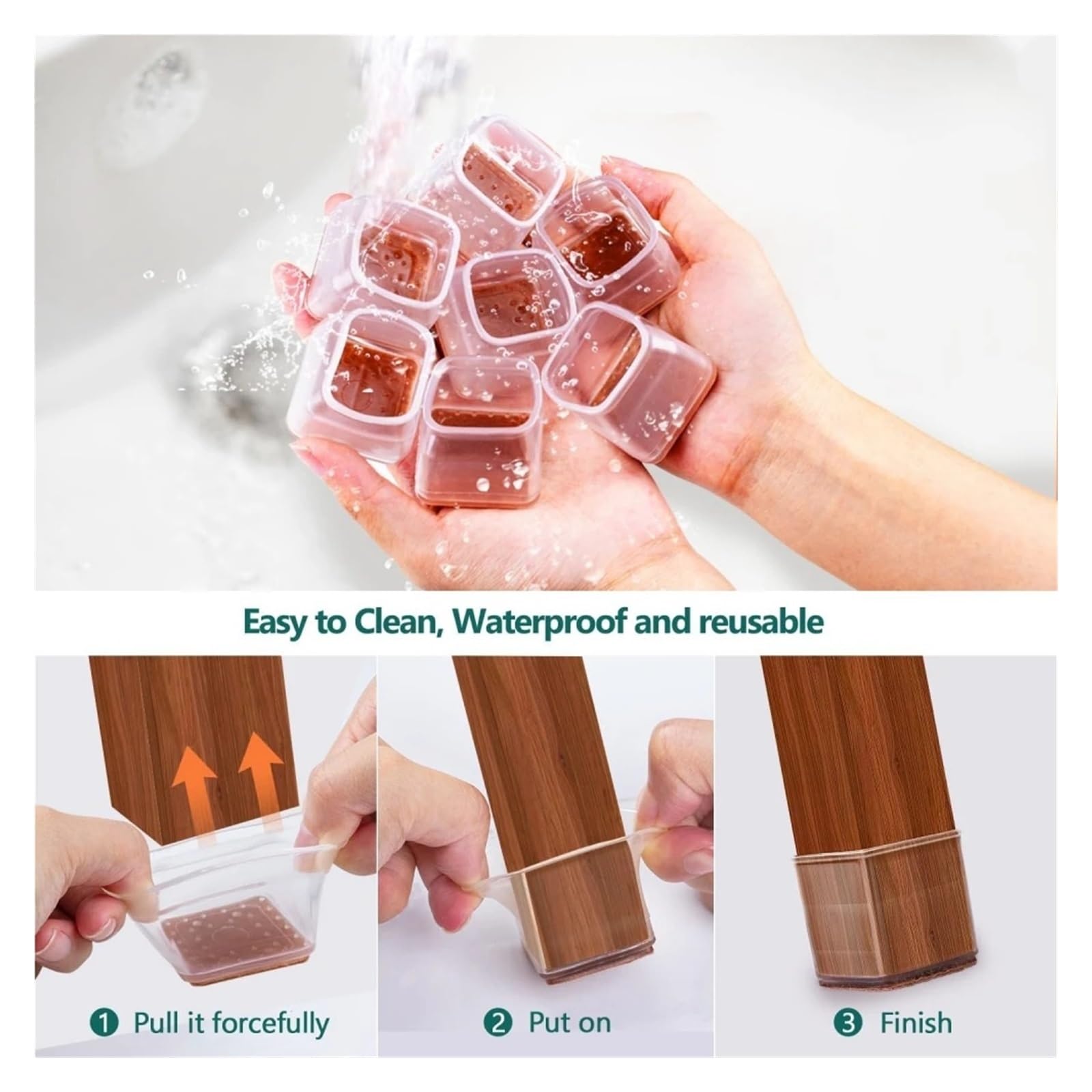 24 Stück geräuschlose quadratische Fußabdeckung for Tisch und Stuhl, transparent, dick, rutschfest, verschleißfest, Silikon, Schutzhülle for Tisch und Stuhl(3-4.4cm)