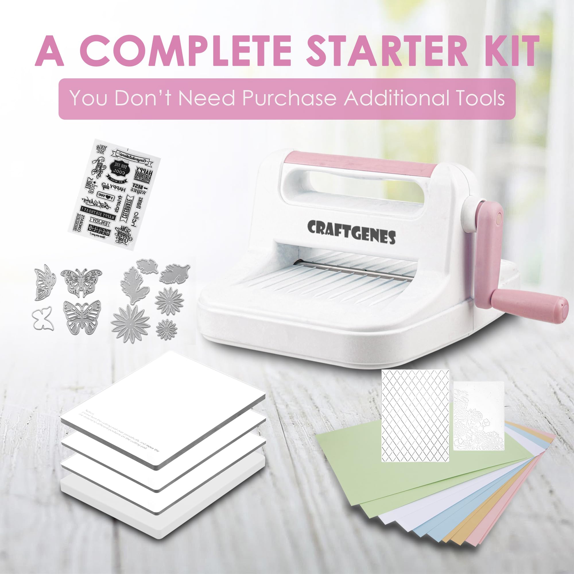 CraftGenes Stanzmaschine und Prägemaschine, 15,2 cm, Öffnungsgröße für Kartenherstellung, Scrapbooking und Bastelarbeiten, komplettes Set mit A5-Stanzformen, Prägeschablonen und Tellern (Rosa)