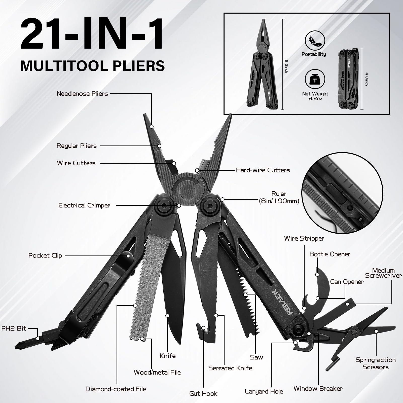 21-in-1 Hochleistungs-Multitool-Zange mit Sicherheitsverriegelung, Federschere, Nylonscheide, Premium-EDC-Kit aus Edelstahl, für Arbeit, Zuhause, Auto, Heimwerker und Outdoor-Aufgaben, Schwarz