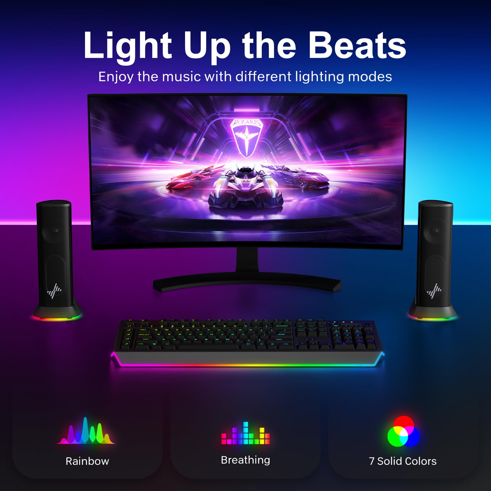 Nylavee Altoparlanti per computer – Altoparlanti stereo Hi-Fi per PC con 9 modalità di illuminazione LED, bassi e suoni migliorati, alimentati tramite USB/Type-C e altoparlanti da tavolo cablati audio