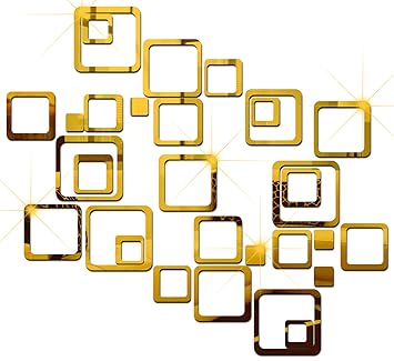 Wall1ders - Dakshita Decor 30 Six Size Square Golden 3D Acrylic Sticker, 3D Acrylic Stickers for Wall, 3D Mirror Wall Stickers, 3D Mirror Stickers Wall Decor Items for Home and Office.