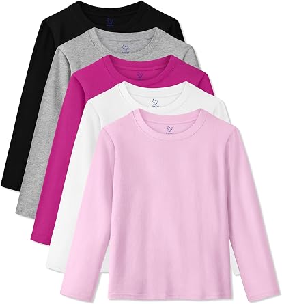 HoeVou 5 Pack Girls Long Sleeve Shirts Cotton T-Shirts Long-Sleeve Tagless Layering Tees for Youth Teen Girls 5-18 Years
