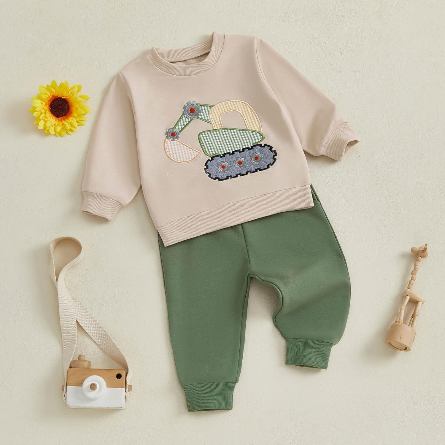 FOCUSNORM Toddler Baby Boy Fall Winter Outfit Excavator Embroidered Long Sleeve Sweatshirt Elastic Jogger Pant 2 Pcs Clothes - Image 6