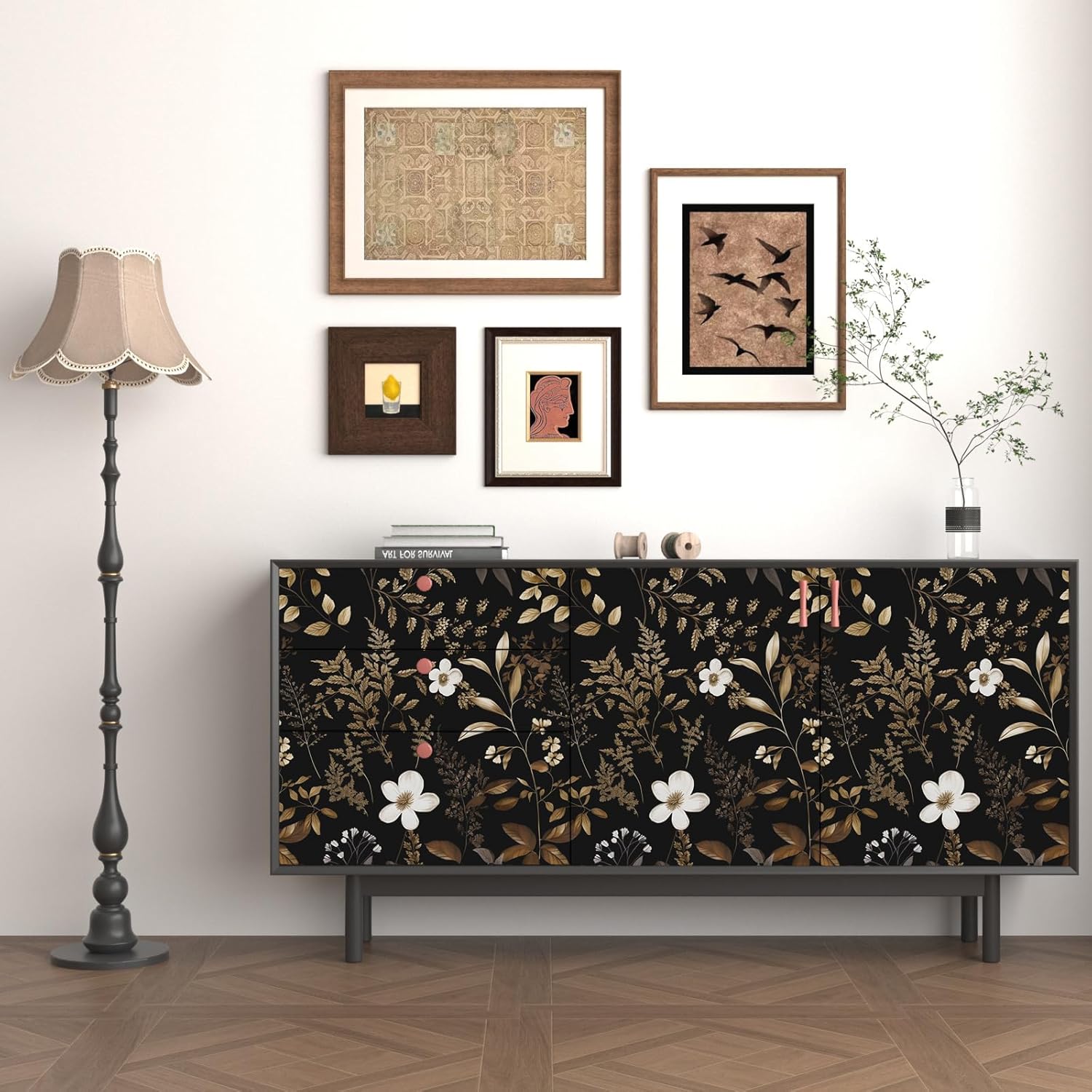 Boho Floral Wallpaper Peel and Stick Black Gold Wallpapers 17.5'' x 393'' Vintage Gold Leaf Contact Paper for Cabinets Waterproof Self Adhesive Removable Wall Paper for Kitchen Table Countertop Walls