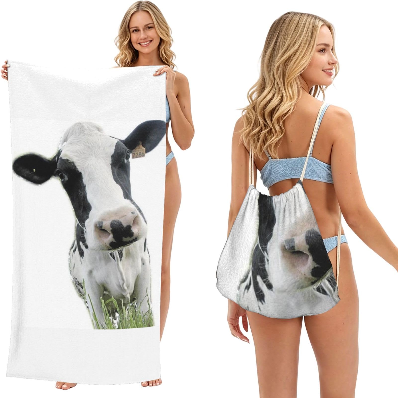 ESNAIUVCD Animal Funny Cow Head Black White Print Beach Towel For Adults,Towel With Drawstring Bag, Travel Pool Swimming Sports Shower Sand Free Quick Dry Bath Towel For Pool, Beach, Yoga- 180x60cm