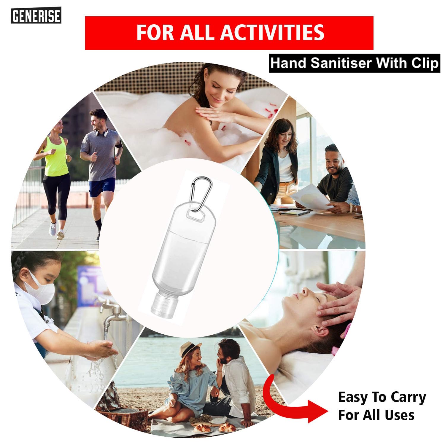 Flacone disinfettante per le mani con clip, 4 flaconi riutilizzabili per disinfettanti per le mani, 50 ml, con coperchio ribaltabile e moschettone