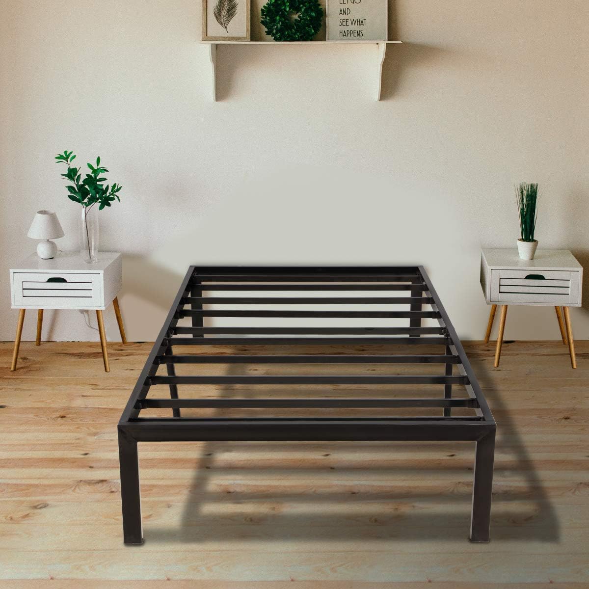 AKSG Twin Bed Frame 14 Inch Metal Bed Frame with Storage Twin Size Platform Bed Frame No Box Spring Needed Heavy Duty Steel Slat and Anti-Slip Support Easy Quick Lock Assembly Black