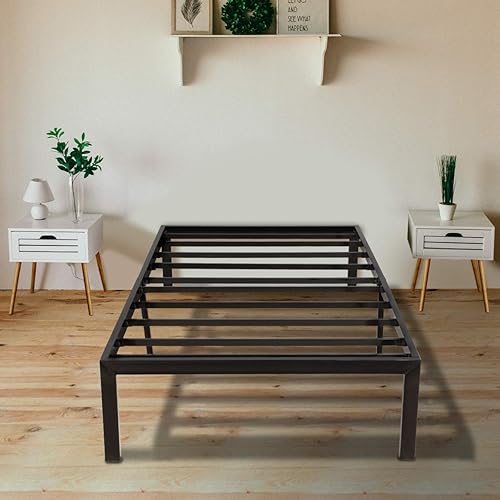 AKSG Marco de cama individual de metal de 14 pulgadas con plataforma de almacenamiento, marco de cama de tamaño individual, no necesita somier,