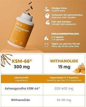 Ashwagandha KSM-66® Deutschland Laborgeprüft 9000mg Hochdosiert - 240 Kapseln Premiumrohstoff 5% Withanolide 4 Monate 600mg Extrakt 15:1 Antistress Angst Energie und Erholsamer Schlaf