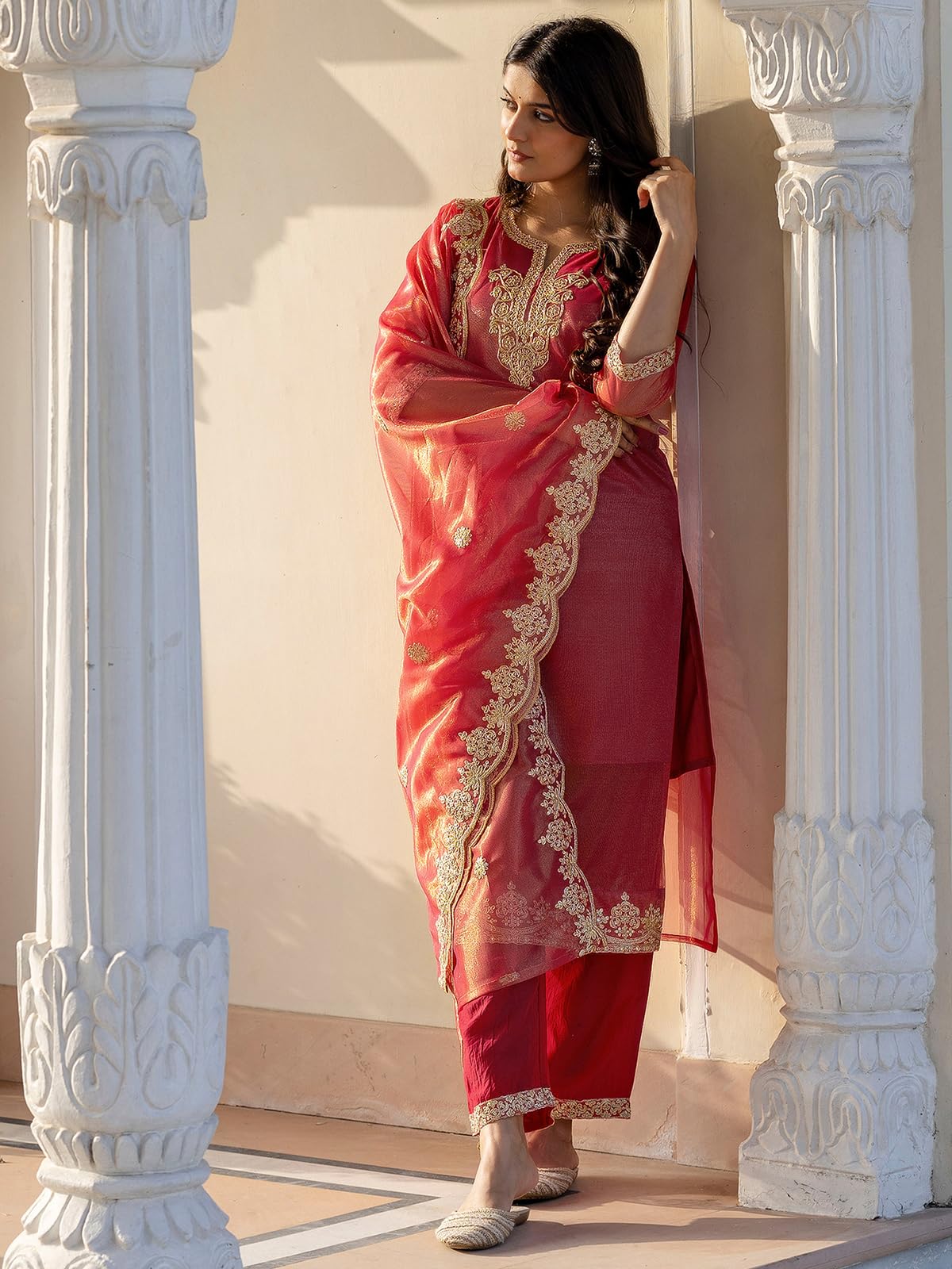 Sanisa Women's Shimmer Net Embroidery And Sequins Work Straight Kurta With Pant And Dupatta Set (227Kbd2403N-L_Rani Pink & Golden)