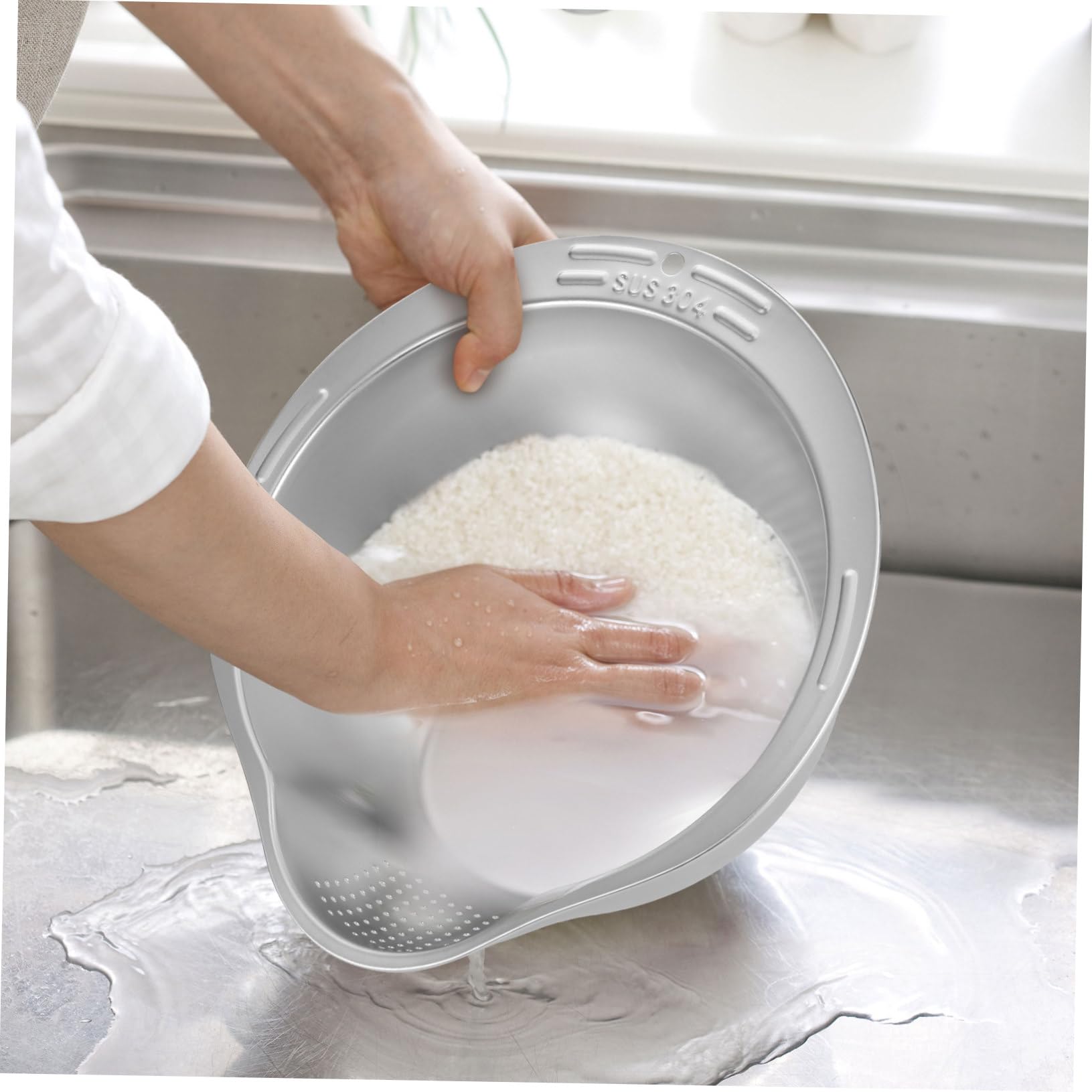 GLEAVI Lavadero de Arroz Acero Inoxidable Colador Multifuncion para Cocina Tazón Escurridor Alimentos Lavar Arroz Fruta Vegetales