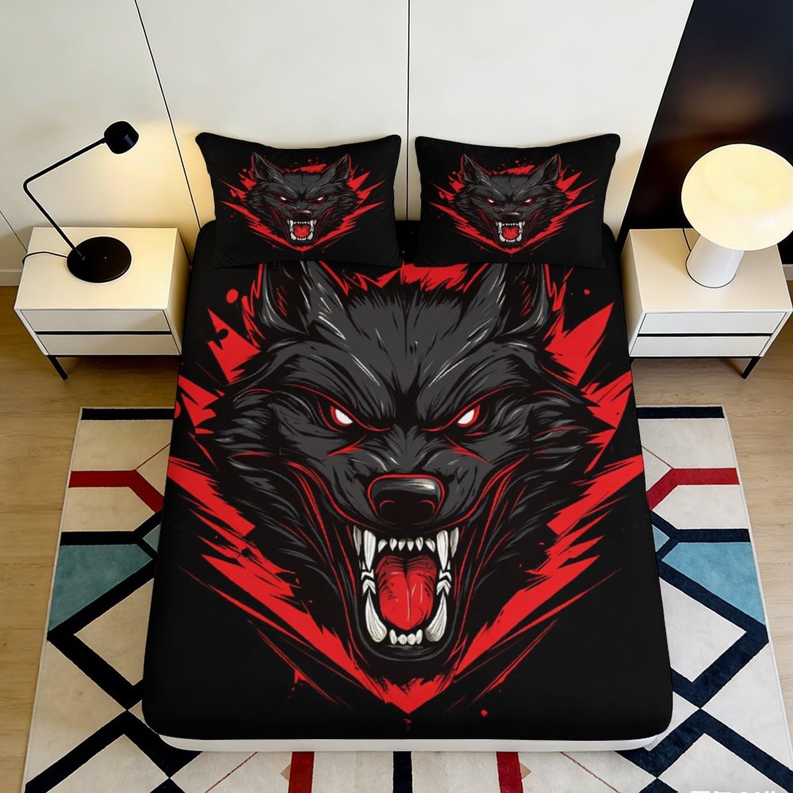 3D Printed Fierce Wolf Fitted Sheet Microfiber Soft Black Red Wild Animal Bed Cover for Bedroom Dorm Mattress Decor 90x200x25cm