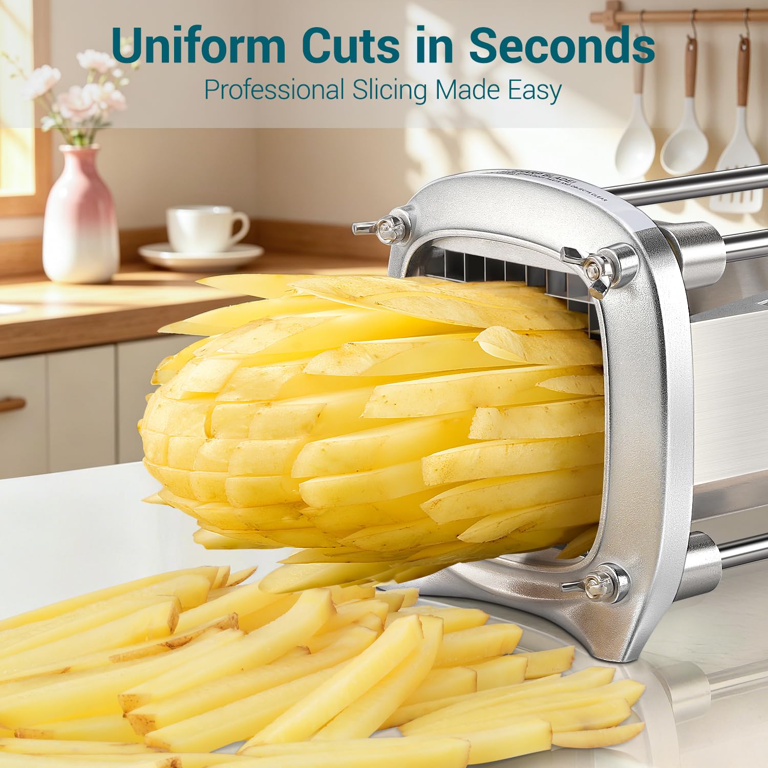 Sopito Cortador de patatas Corta Patatas Fritas Profesional | con Cuchillas de Acero Inoxidable de 6 mm, 9 mm y 12 mm para Verduras y Frutas, Plata