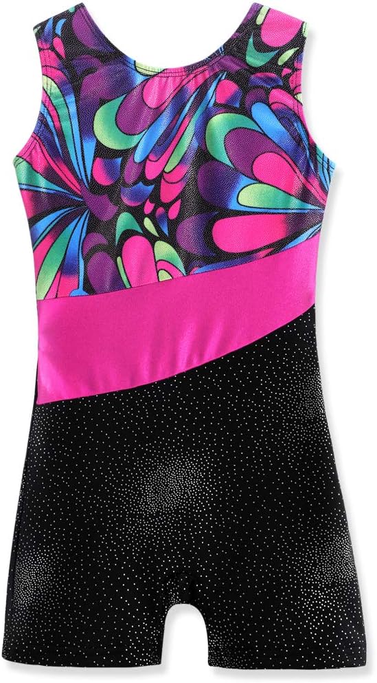 Leotards for Girls Gymnastics with Shorts Sparkle Butterfly Flowers Pattern Sleeveless Biketards Hotpink Black
