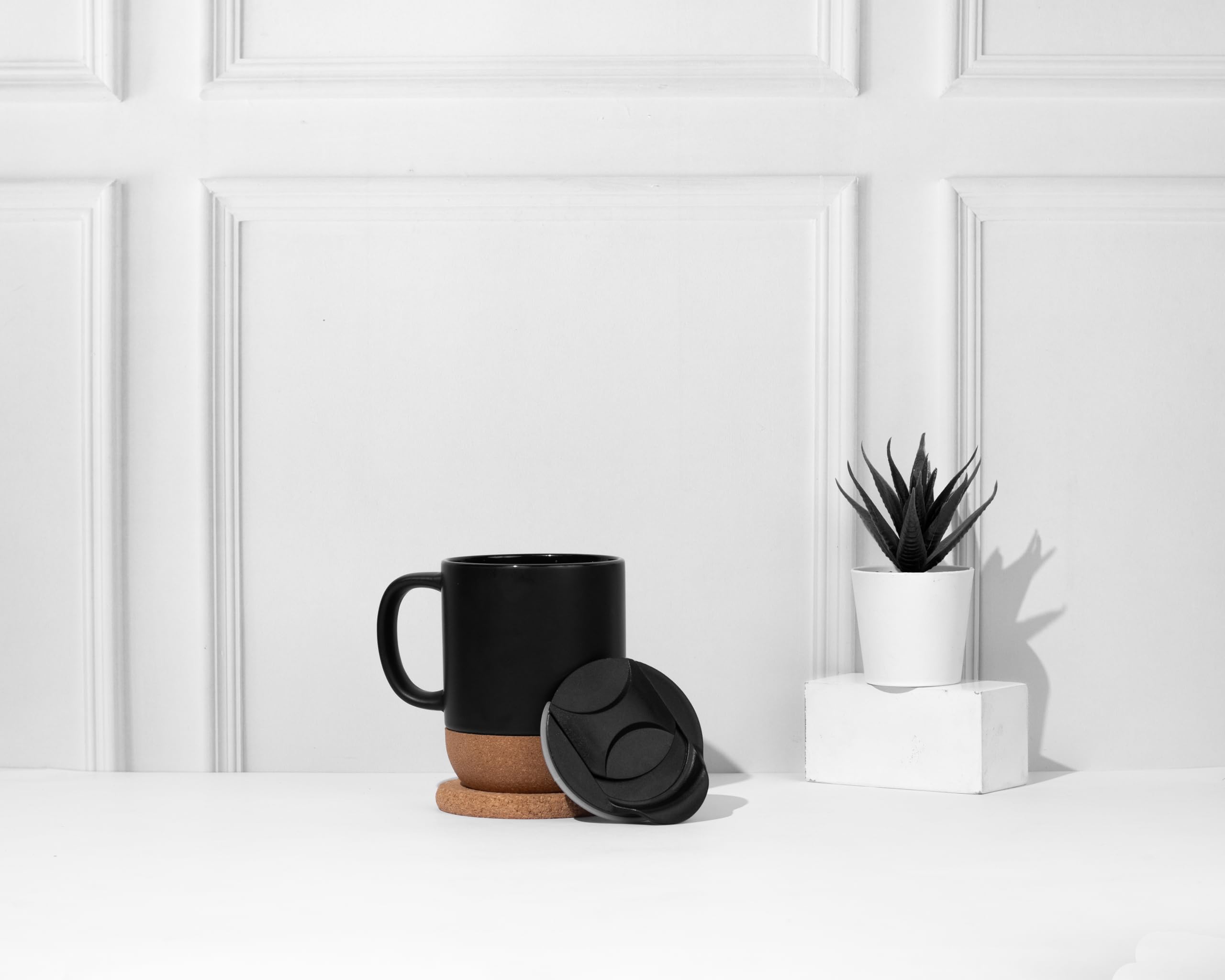 Odd Beans Coffee Mug With Leak Proof Lid And Cork Base | Ceramic Mug | Built-In Cork Coasters | Slide Lid. (Black), 360 Ml