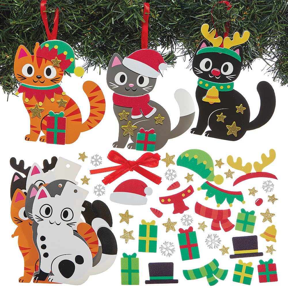 Baker Ross FN634 Christmas Cat Mix & Match Decoration Kits - Pack of 8, Festive Craft kits for Kids to Create Cute Cat Decorations