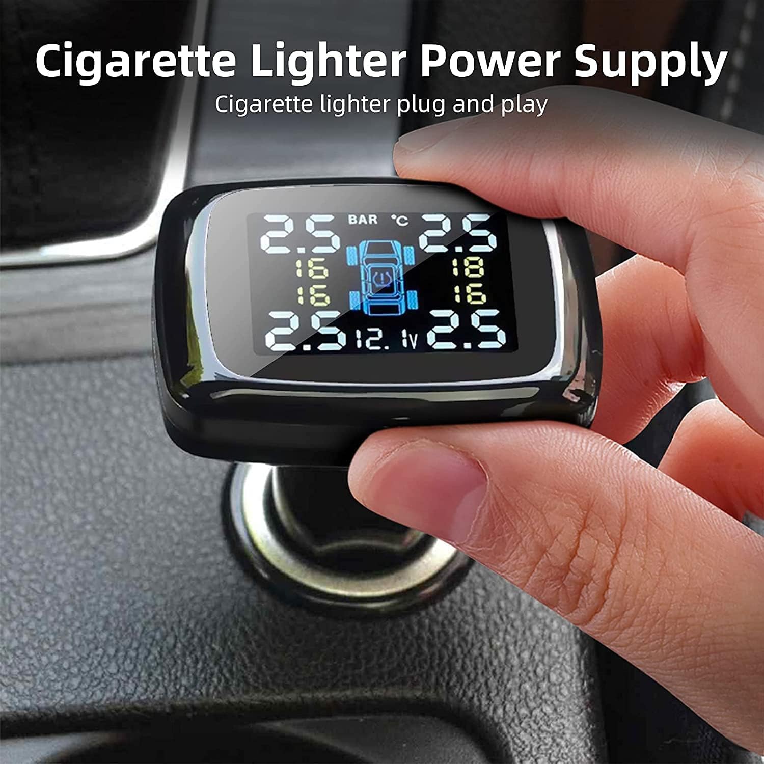 Jansite TPMS monitor plugged into a car cigarette lighter socket.