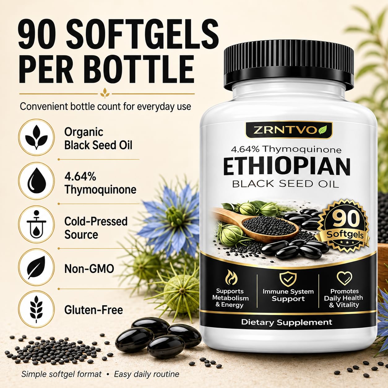 Ethiopian Black Seed Oil Capsules, Organic Cold Pressed Black Seed Oil with 4.64% Thymoquinone, Non-GMO, Gluten-Free, 90 Capsules — Amazon image 7