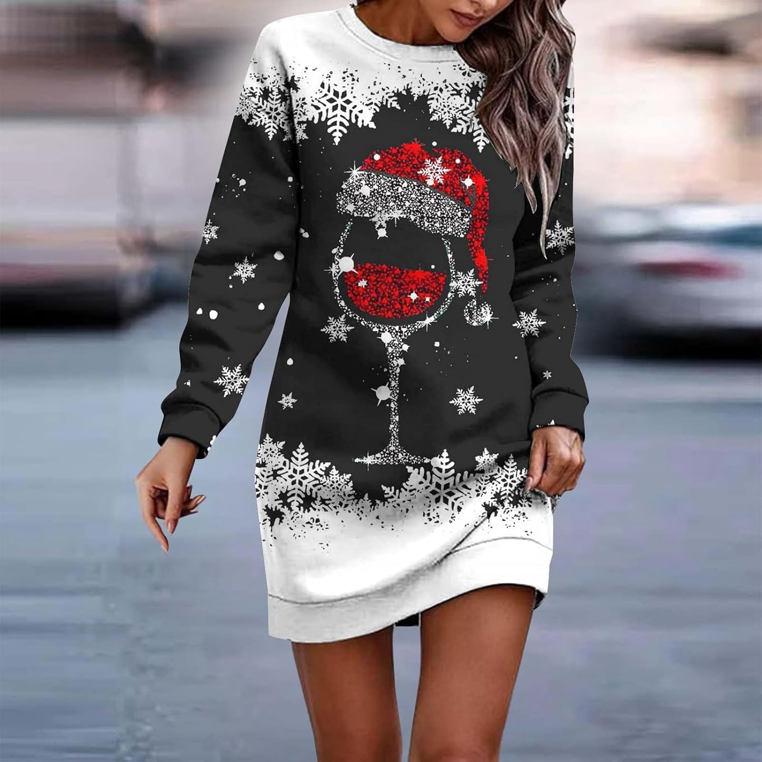 Femme Robe Pull De NoëL - Impression Verre À Vin NoëL Robe