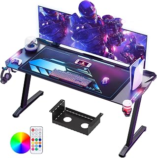 Himimi Mesa Gaming,Escritorio Gaming de Ergonómica, Escritorio Gamer de Fibra de Carbono, Escritorio de Juego con Alfombrilla de Ratón, Portavasos y Gancho para Auriculares y LED,Negro （160x70x80 cm ）