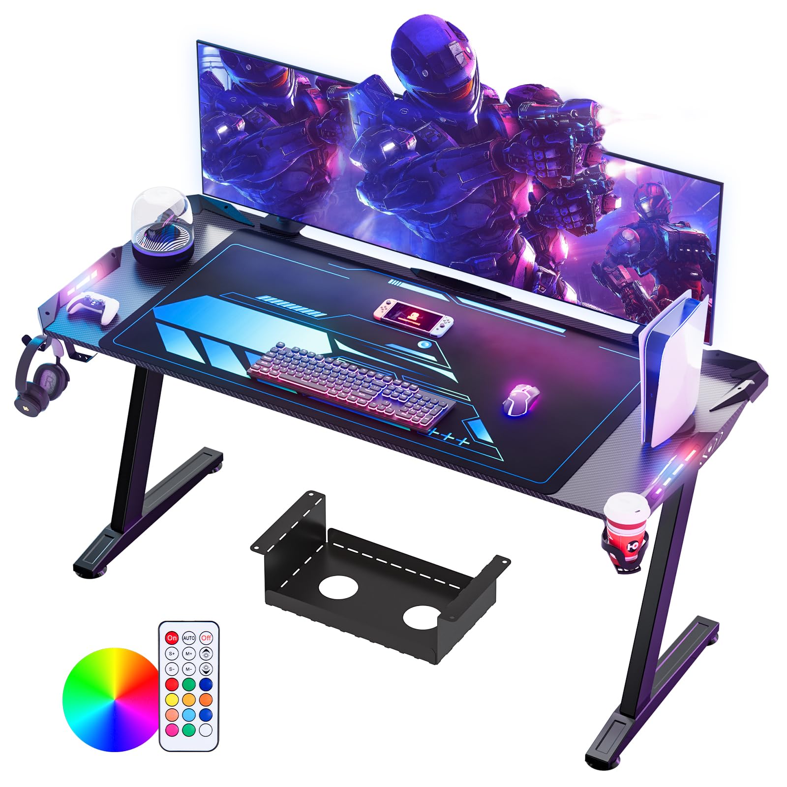 Himimi Scrivania Gaming LED 160 x 70 CM, Tavolo Gaming Ergonomica, Postazione Gaming Dotato con Piano del Tavolo in Fibra di Carbonio, Scrivania per Computer con Porta Bicchiere e Ganci per Cuffie