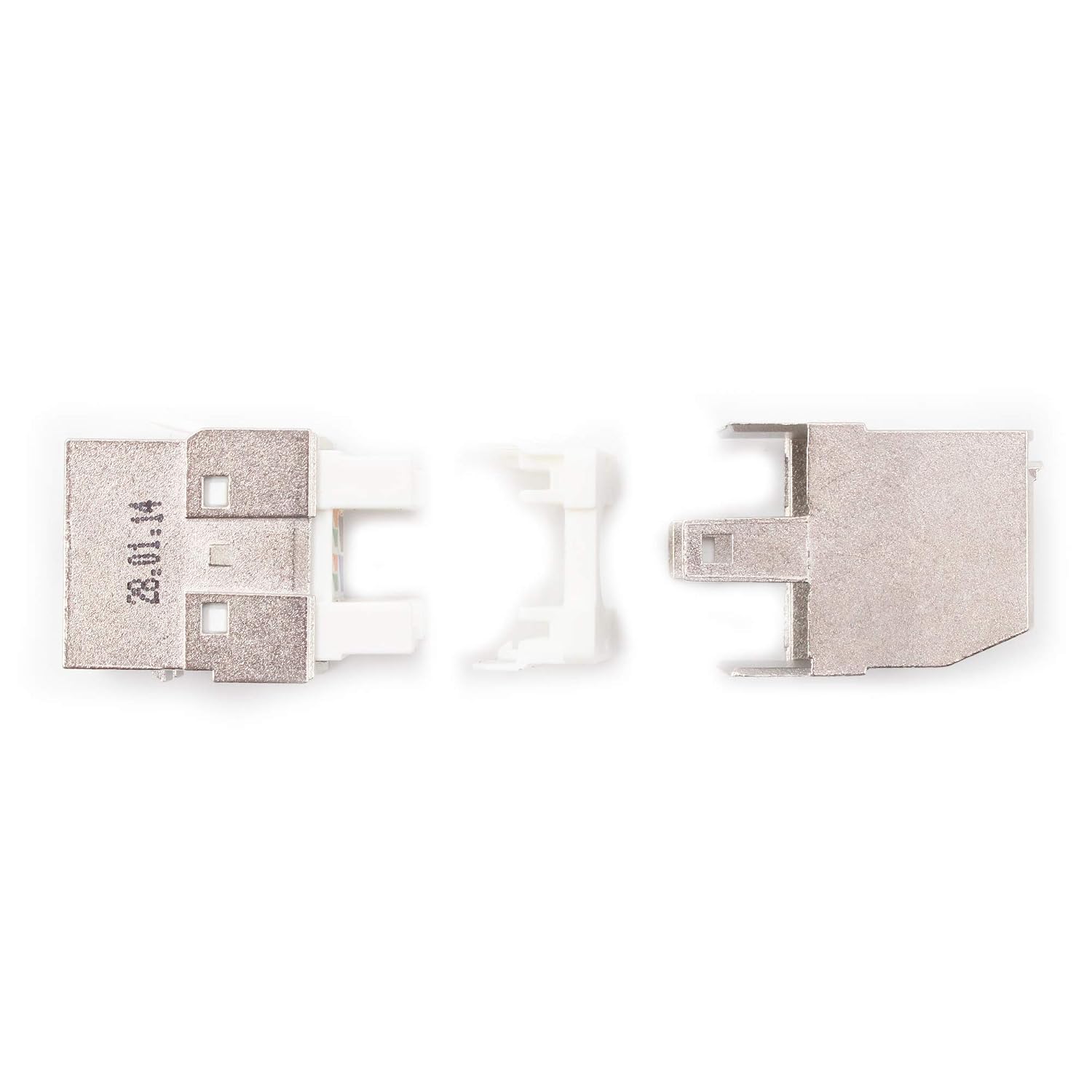 Disassembled Molex Category 6A shielded jack components, showing the metal housing, the internal jack module, and a white plastic wire cap.