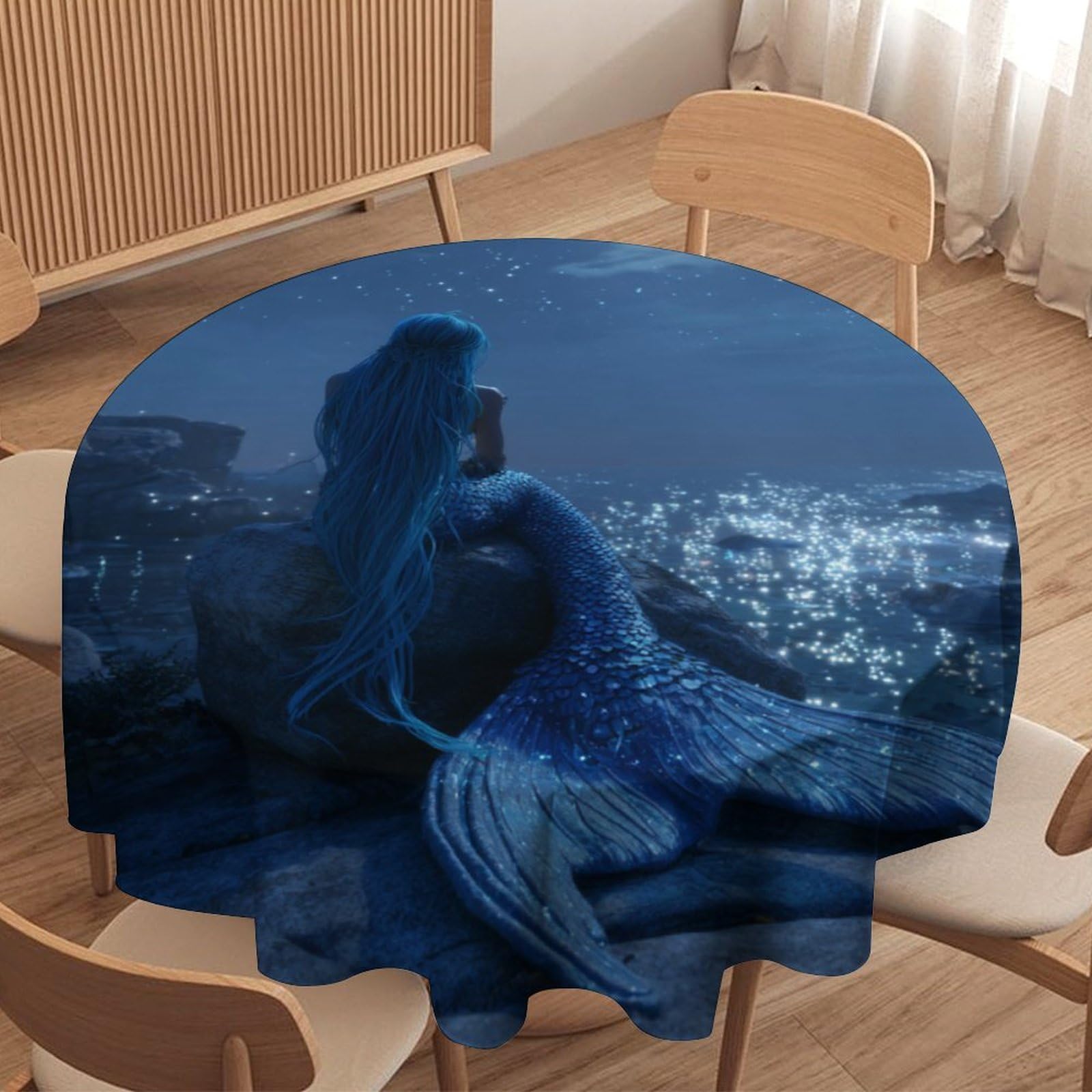 LUYYSKY Rustic Abstract Beautiful Mermaid Waterproof Round Tablecloth Nautical Oil Painting Full Moon Starry Sky Beach Pattern Washable Table Cover for Kitchen-127 Wx127 L cm