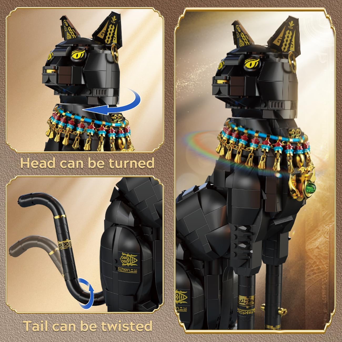 Close-up images showing the poseable head and twistable tail of the Egyptian Pharaoh Cat model