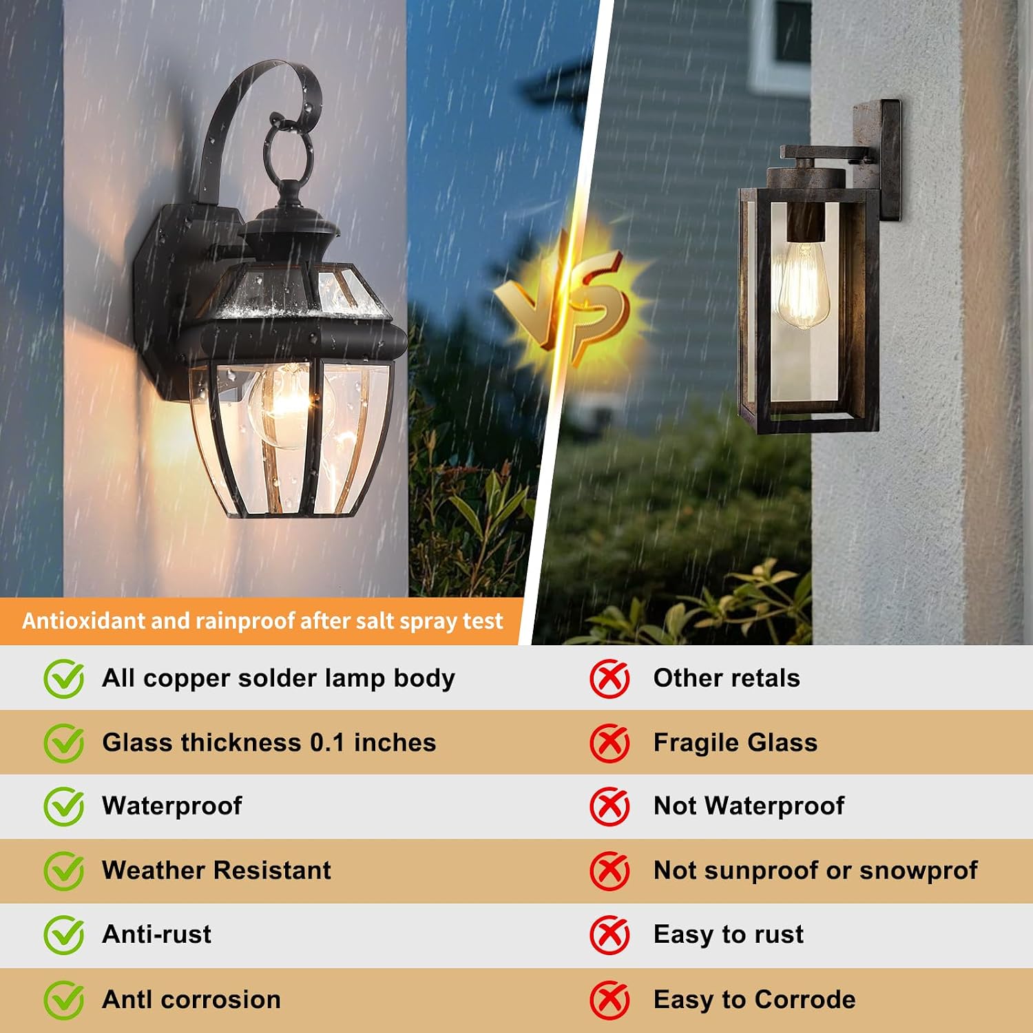 Brass Outdoor Wall Light, 12.6-inch Black Exterior Wall-Mounted Light, Waterproof and Rust-Proof Porch Light, Suitable for Entrances, Patios, Gardens, Hallways and Garages, Set of 2