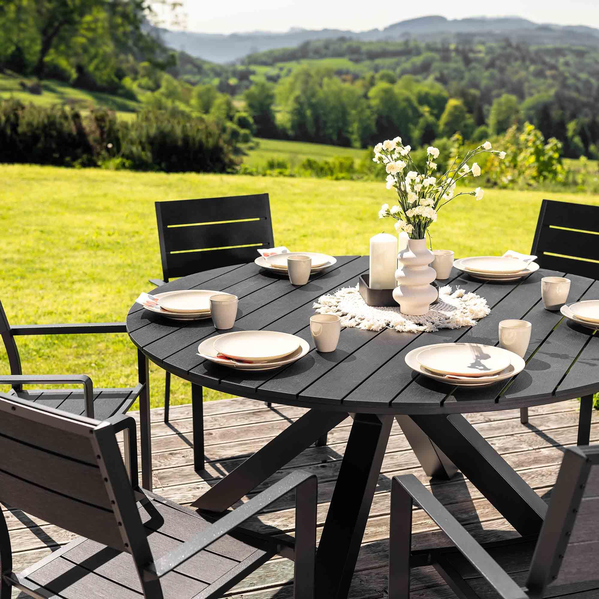 di volio Gartentisch Ravello 150 cm rund aus Aluminium Holzoptik wetterfest | 8 Personen, Nivellierfüße, X-Gestell, UV-beständig, pflegeleicht, leicht, Terrasse, Familienfeste