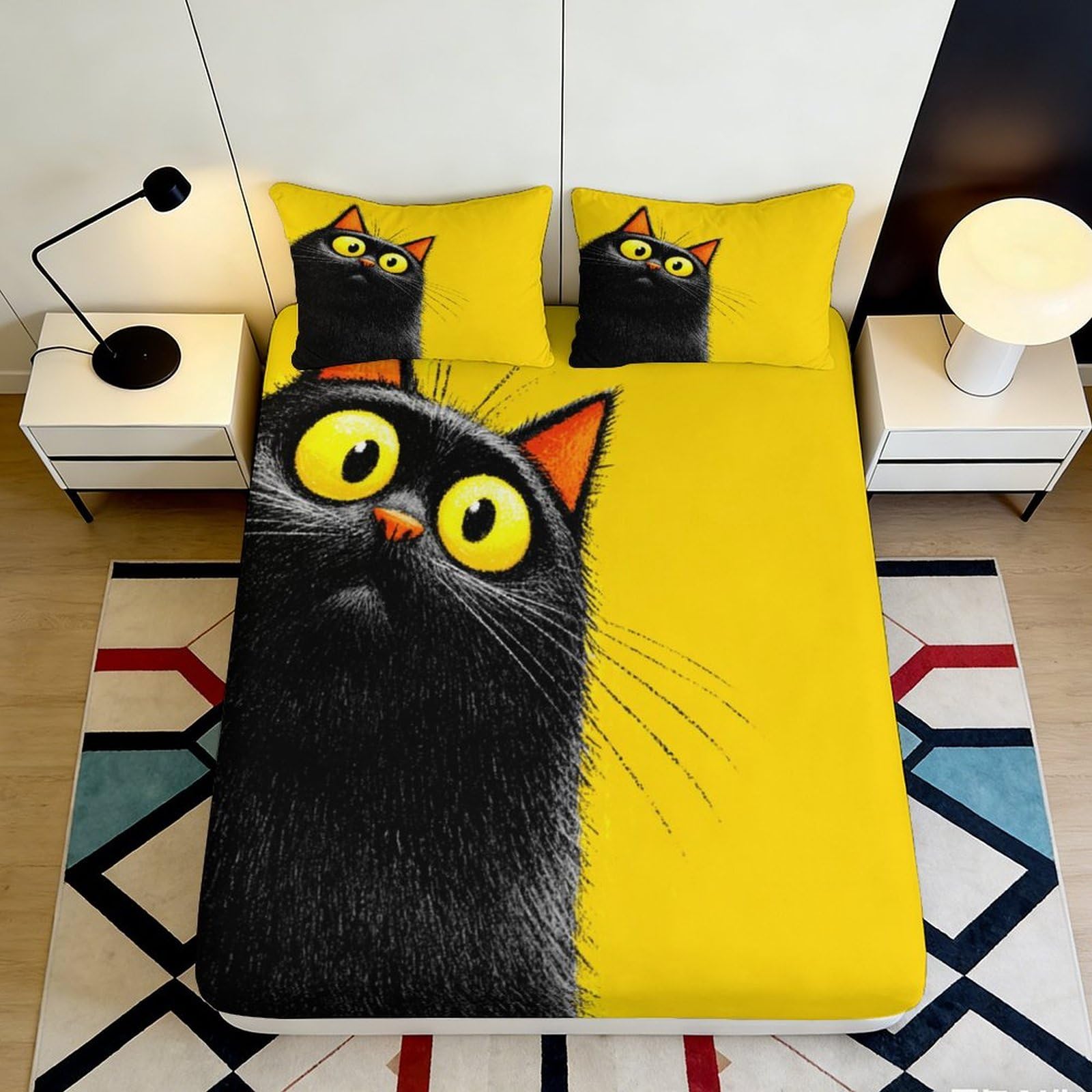 K1r3d9e5 Style-3 3D Printed Black Cat Fitted Sheet Microfiber Yellow Cartoon Mattress Cover Non-Slip Bedroom Decor Machine Washable 90X200x25cm