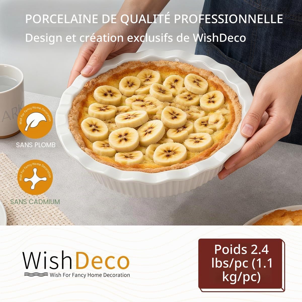 WishDeco Moule à Tarte 23 cm, Moule à Quiche en Céramique Rond 1500 ml, Plat Four à Gratin Blanc, Résistant au Four