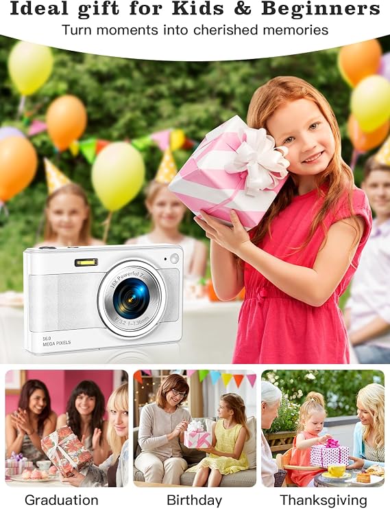 Upgrade Kids Digital Camera - 56MP FHD 1080P with 16x Zoom, Anti-Shake, 32GB TF Card, Two Batteries, Lanyard (White)