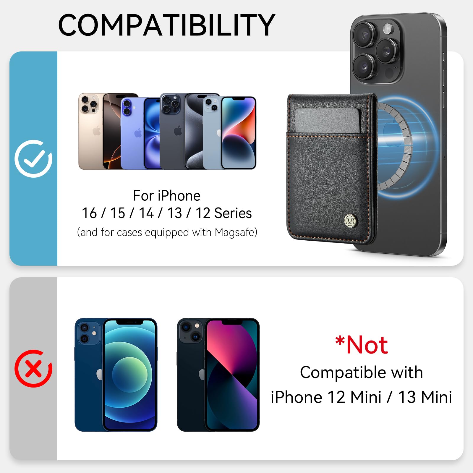 Ysjisy Portafoglio per Magsafe, Porta Carte Cellulare Magnetico, Pelle Wallet con Supporto Porta Carte Portafoglio Magnetico Portafoglio per iPhone Serie 17/16/15/14/13/12, Non per 13/12 Mini - Nero