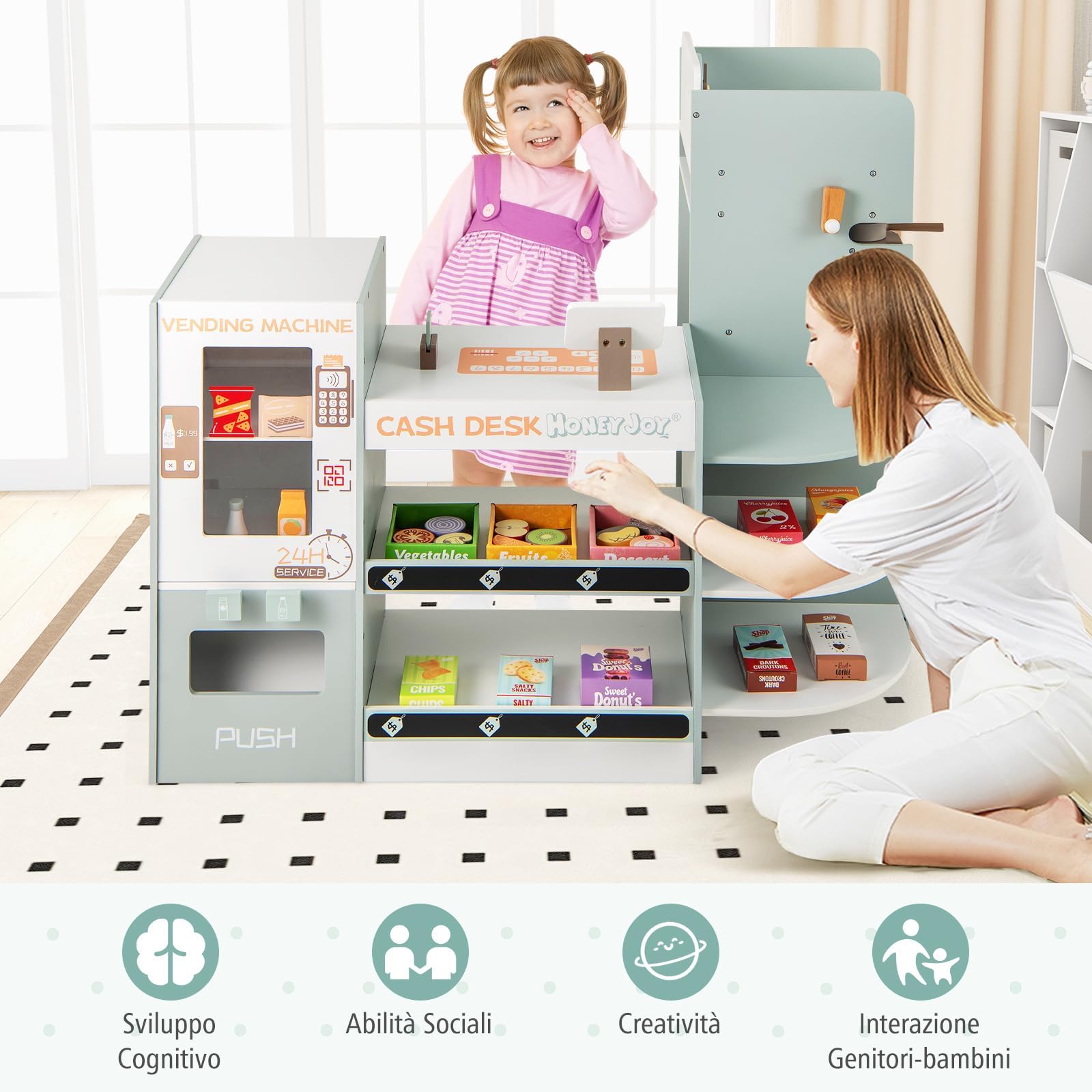 GYMAX Set di Giocattoli per il Supermercato in Legno, Supermercato per Bambini con Bancone Cassa, Distributore Automatico, Macchina da Caffè, Forno e Accessori Alimentari, per Bambini 3+ Anni