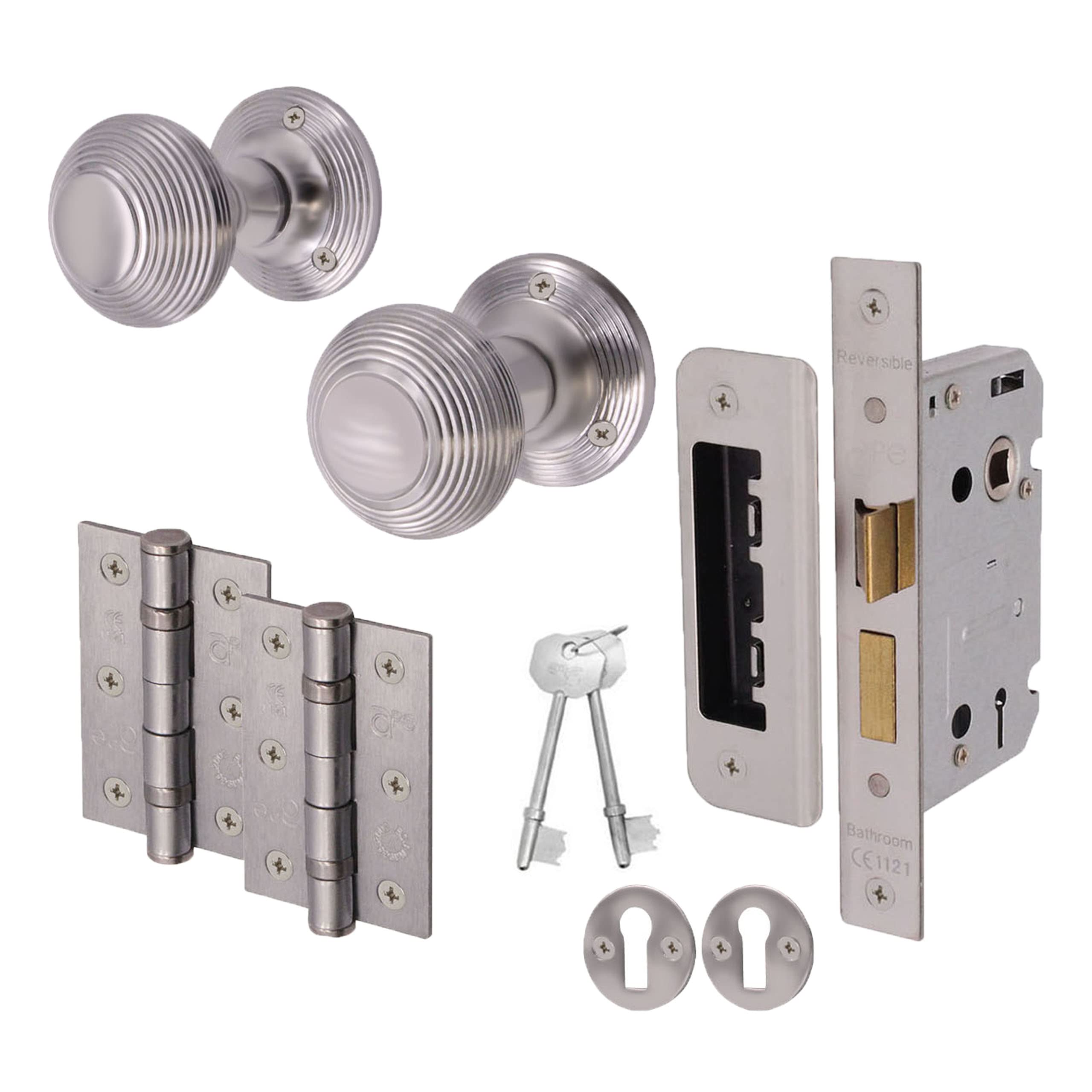 Eai Satin Chrome Beehive Key Lock Door Knob Set | 1 Pair Of Reeded Mortice Knobs (55Mm), Sash Lock (80Mm) & Hinges (76Mm) For Internal Doors