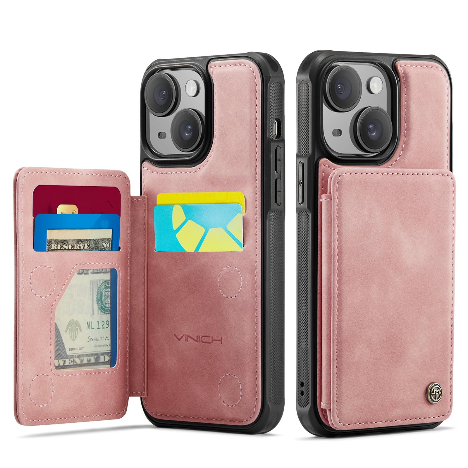 Photo 1 of Vinich for iPhone 15 Wallet Case with Card Holder, RFID Blocking Credit Slots Kickstand Shockproof Phone Cover Fit for iPhone 15 6.1" Rose Pink