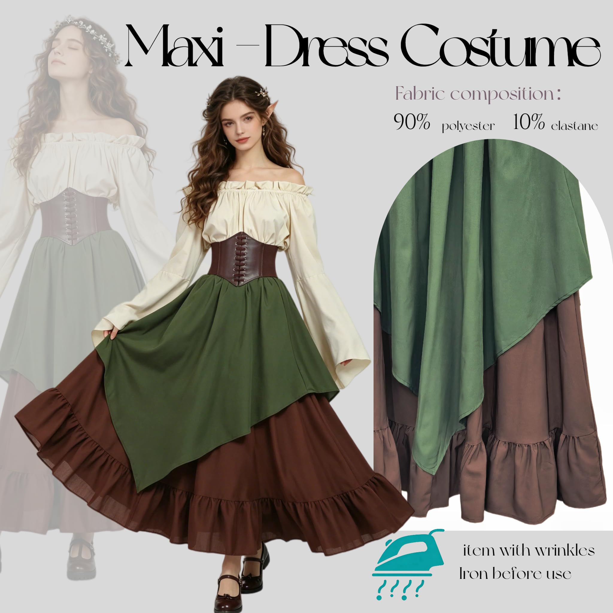 kasahara Mittelalter Kleidung Damen Set, Retro Off Shoulder Bluse Kleid Renaissance Kostüm Victorian Bekleidung Maxi Dressm mit Corsett Karneval Faschingskostüm